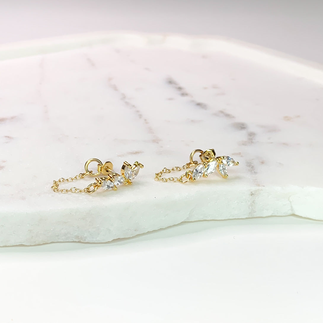Crystal Marquise & Chain Gold Earrings