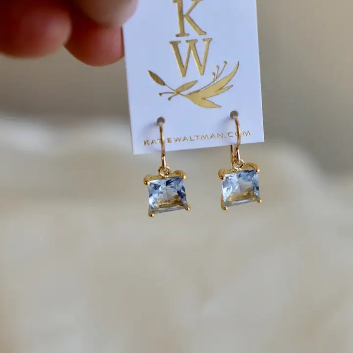 Light Sapphire Princess Cut Gold Earrings