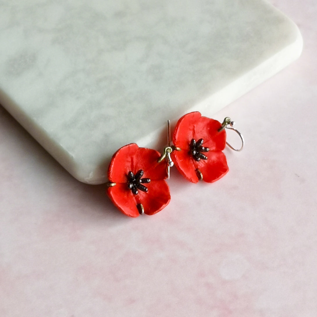 Red Poppy Drop Earrings - Silver Seasons