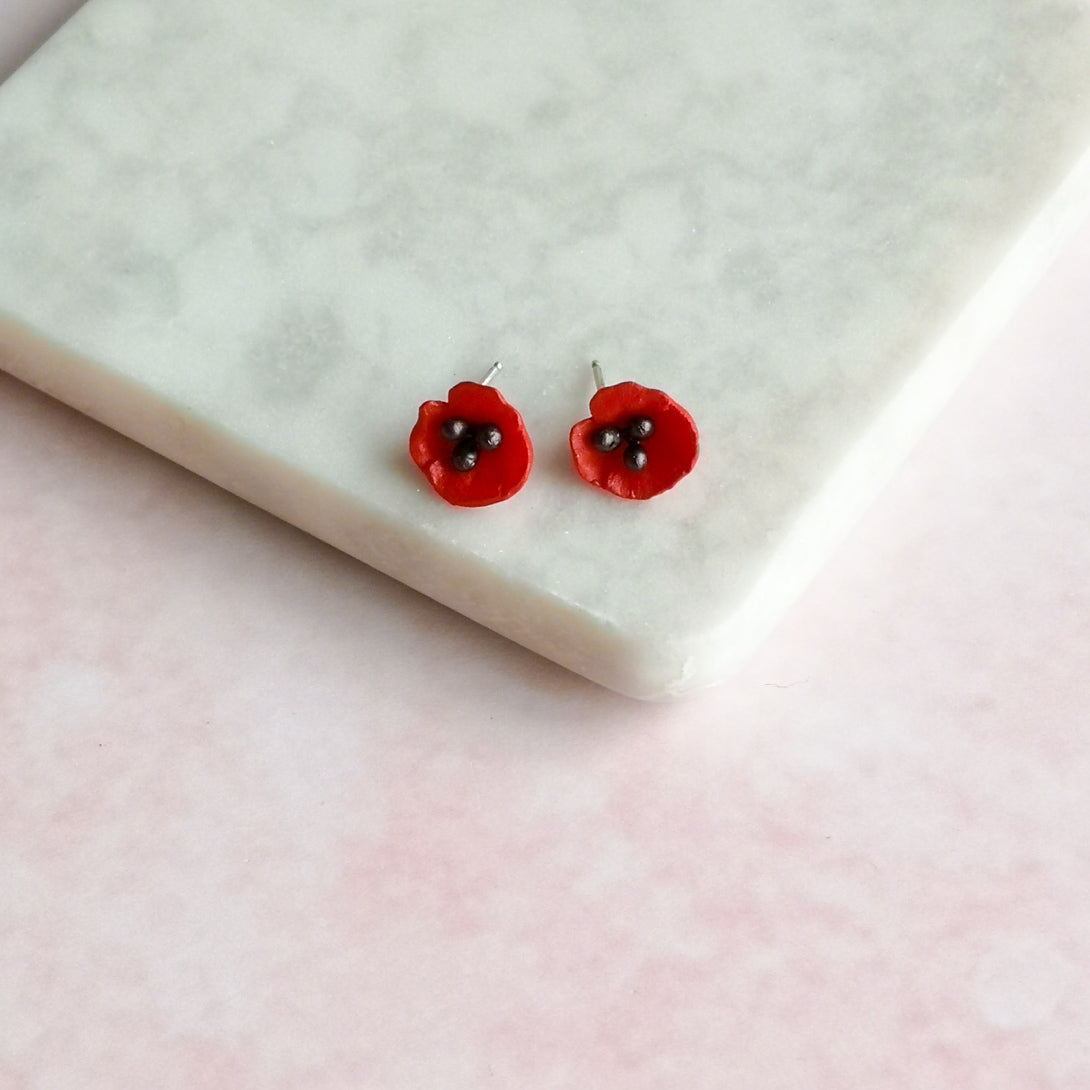Red Poppy Stud Earrings - Silver Seasons