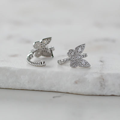 Crystal Butterfly Silver Hoop Earrings