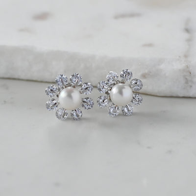 Crystal & Pearl Flower Silver Stud Earrings