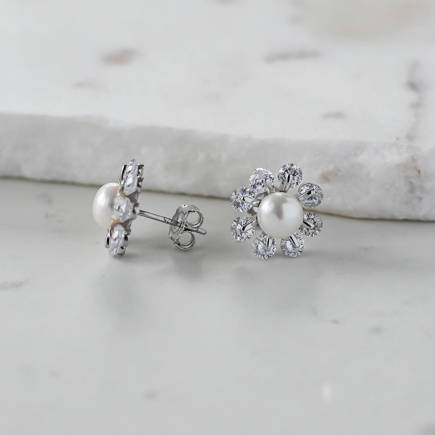 Crystal & Pearl Flower Silver Stud Earrings