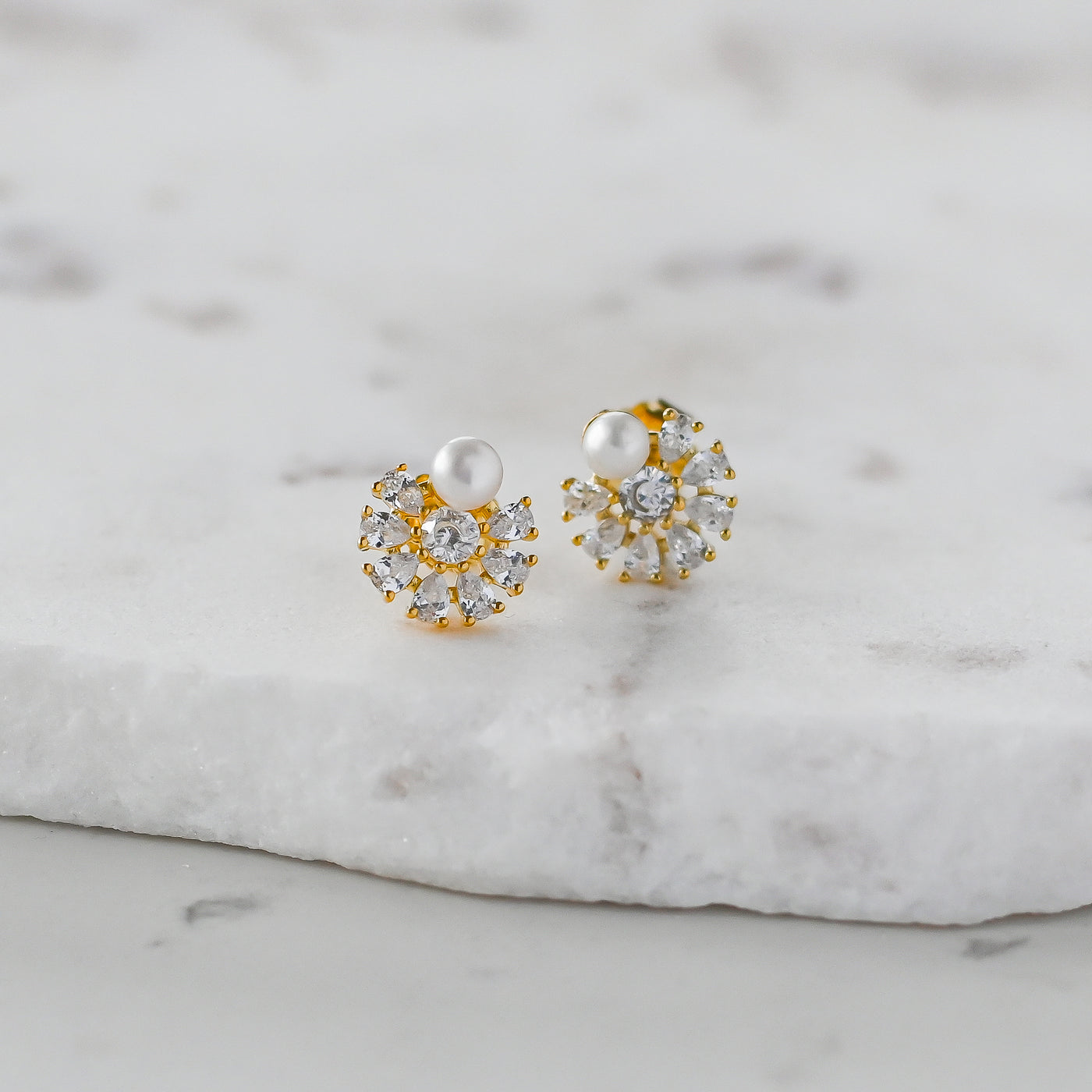 Crystals & Pearl Gold Stud Earrings