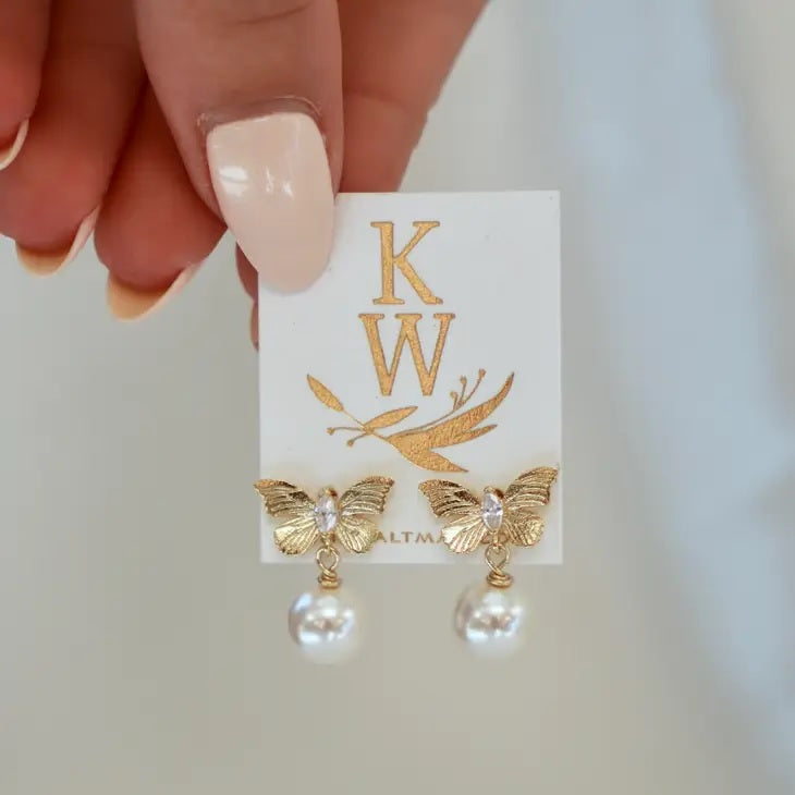 Butterfly Drop Pearl Gold Stud Earrings