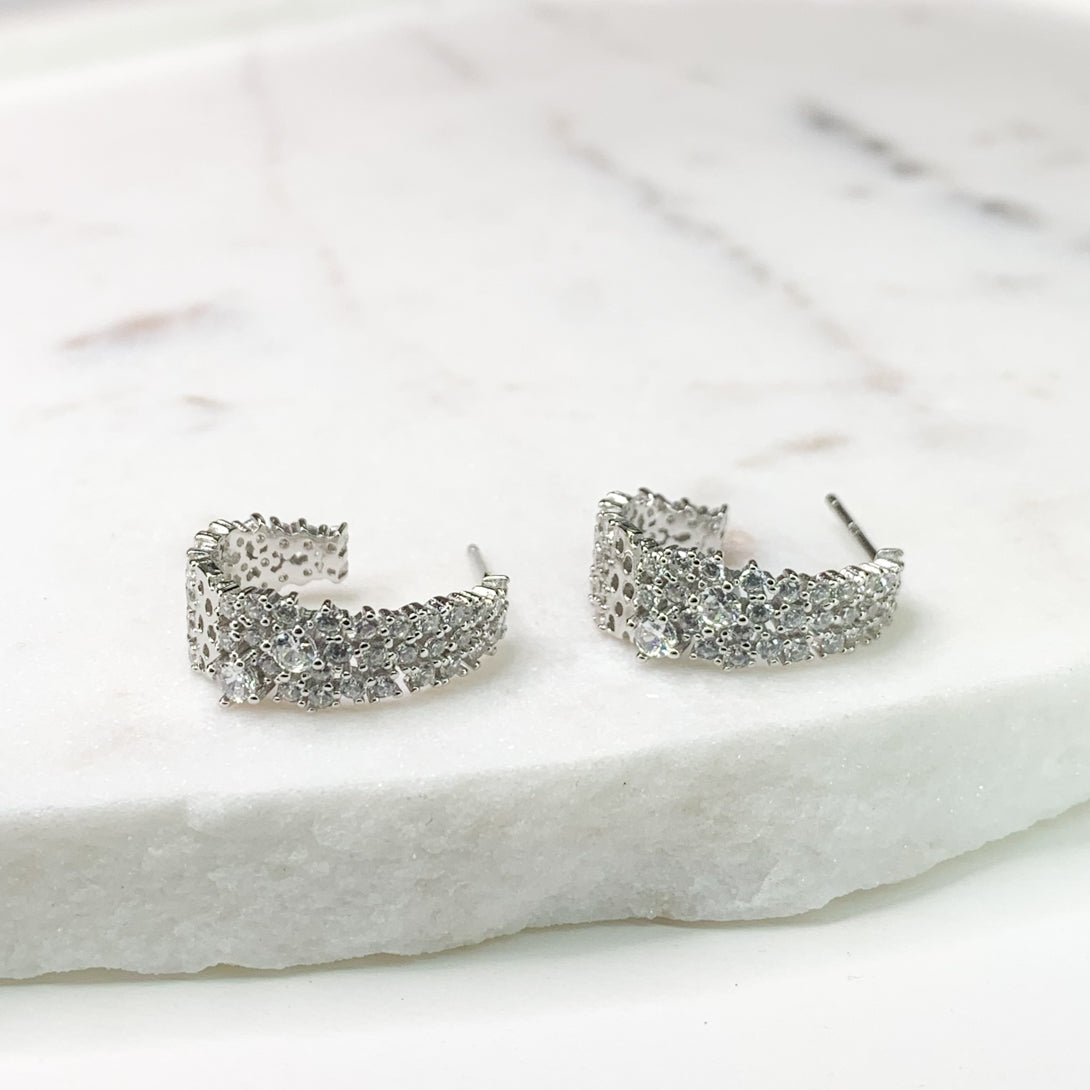 Crystal Silver Semi Hoop Earrings