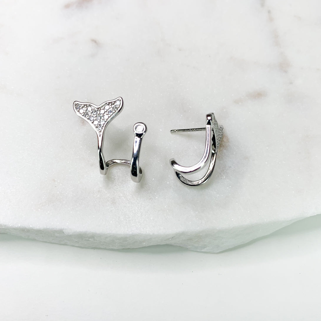 Crystal Whale Tail Silver Stud Earrings