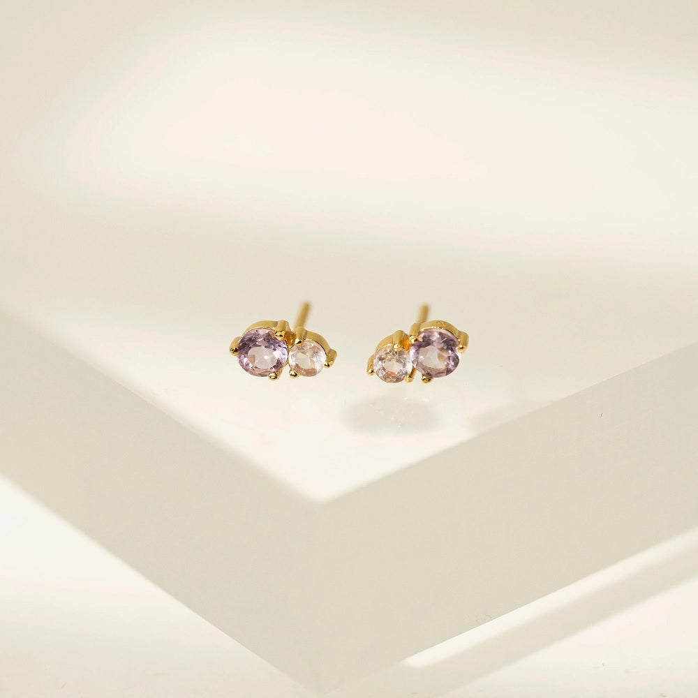 Demi-Fine Luma Amethyst & Rose Quartz Gold Stud Earrings