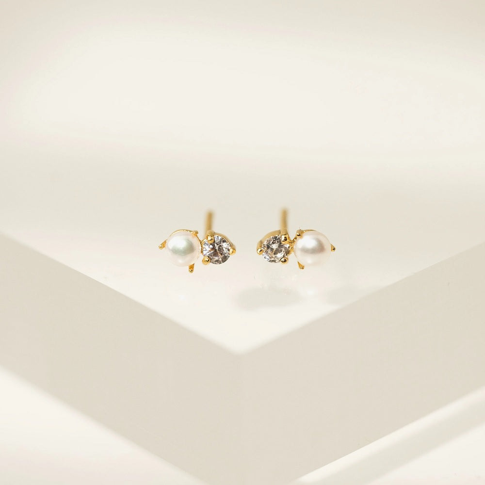 Demi-Fine Luma Crystal & Pearl Gold Stud Earrings