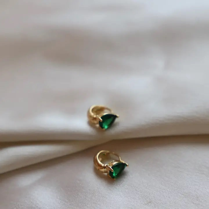 Emerald Crystal Teardrop Gold Huggie Earrings