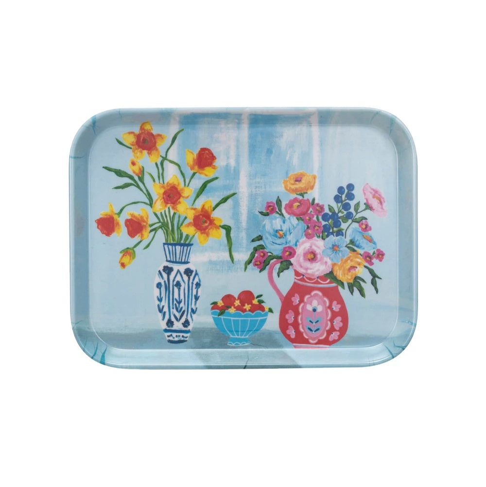 Flowers in Vases Blue Tray