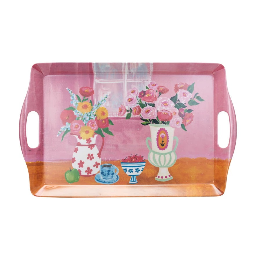 Flowers in Vases Pink Handle Tray