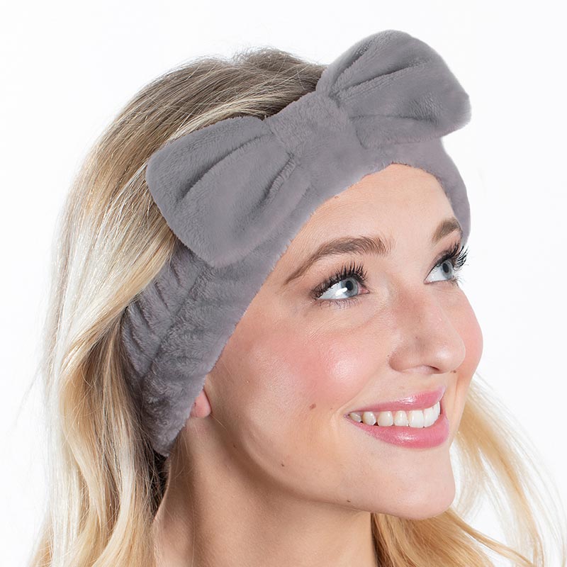 Gray Plush Bow Spa Headband