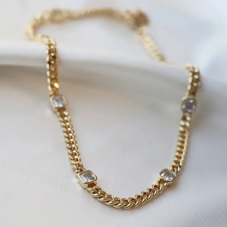 Juliette Square Chain Crystal Gold Necklace