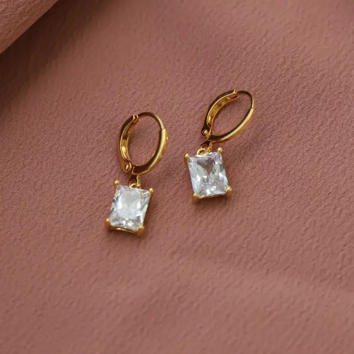 Large Clear Rectangle Crystal Gold Huggie Earrings