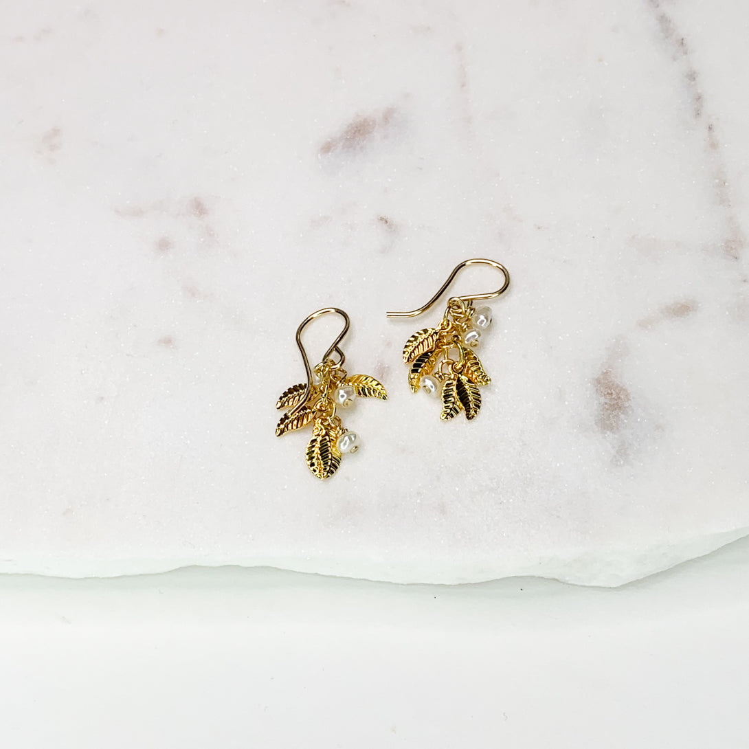 Pearl and Leaf Cluster Gold Earrings