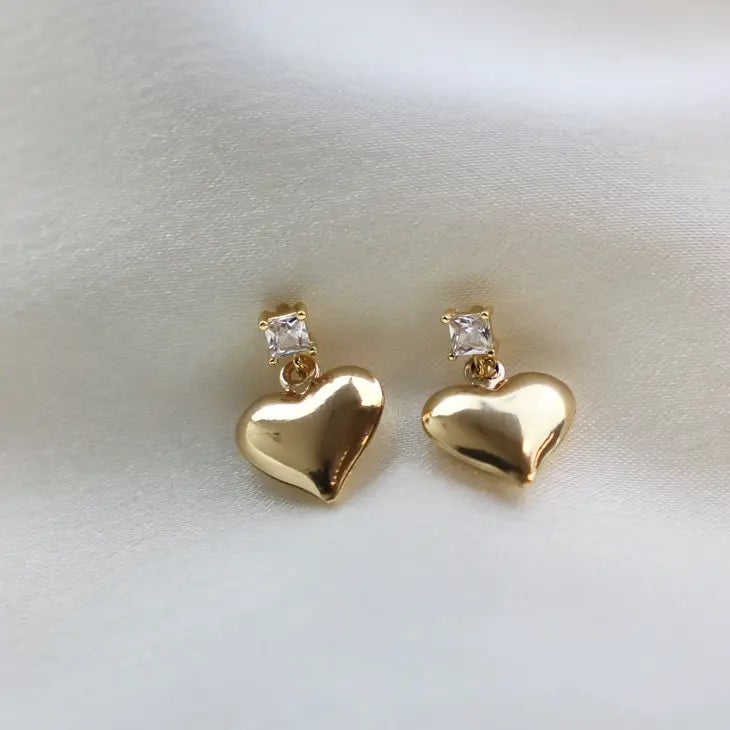 Gold Puff and Heart Crystal Stud Earring