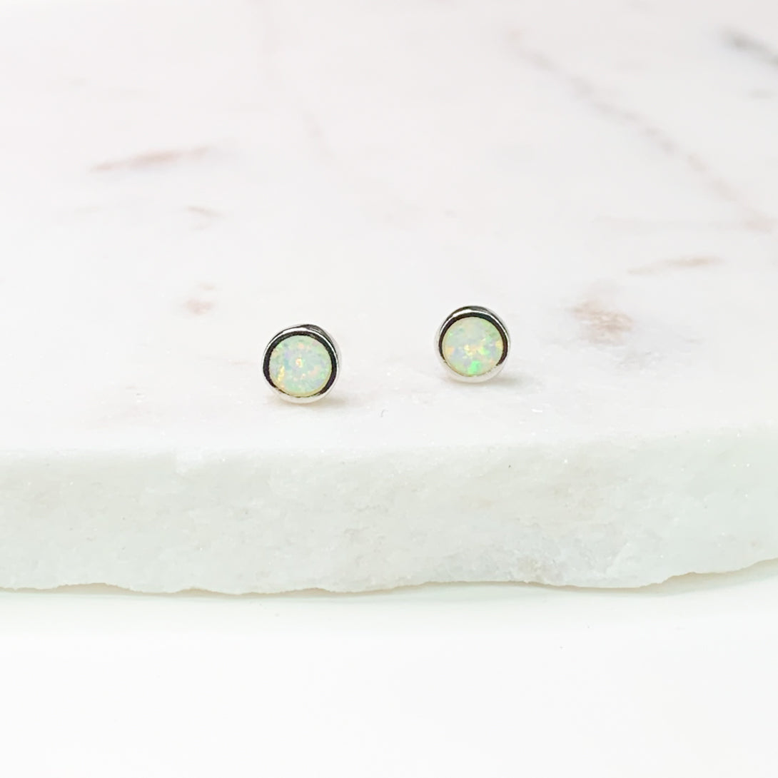 Round White Opal Silver Stud Earrings