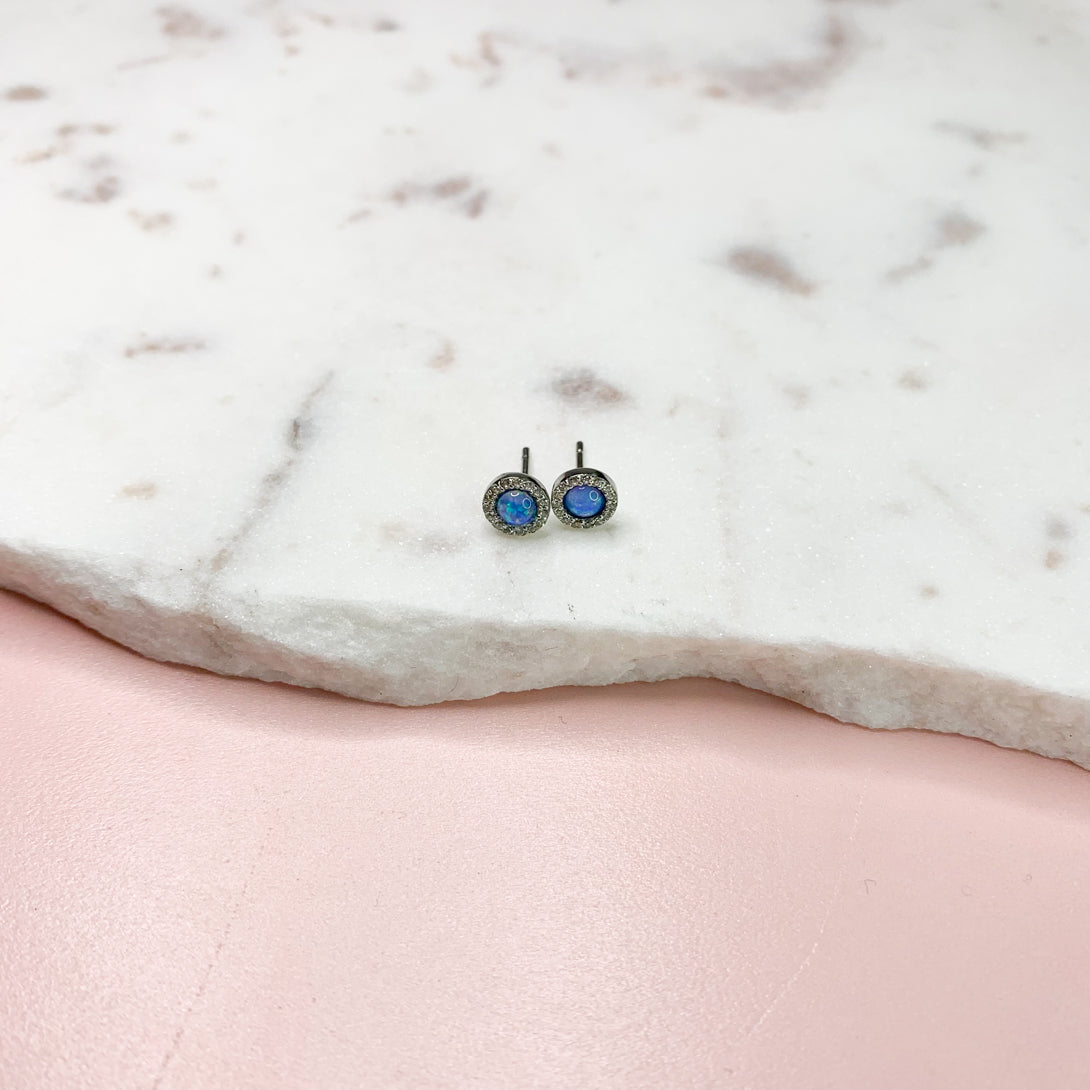 Blue Opal Halo Silver Stud Earrings