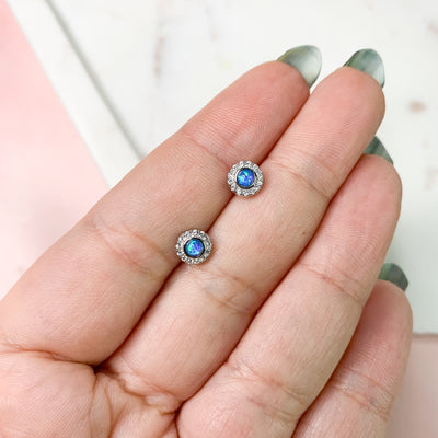 Blue Opal with Crystals Silver Stud Earrings