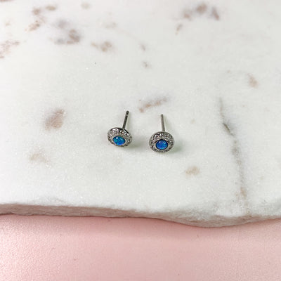 Blue Opal with Crystals Silver Stud Earrings