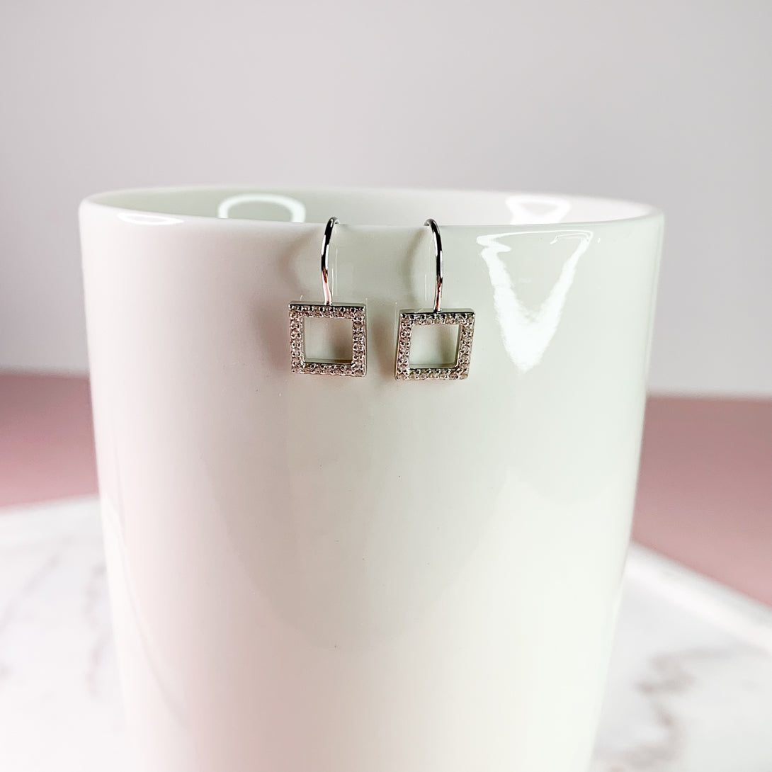 Crystal Open Square Silver Earrings