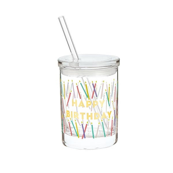 Happy Birthday Candles Glass with Lid & Straw