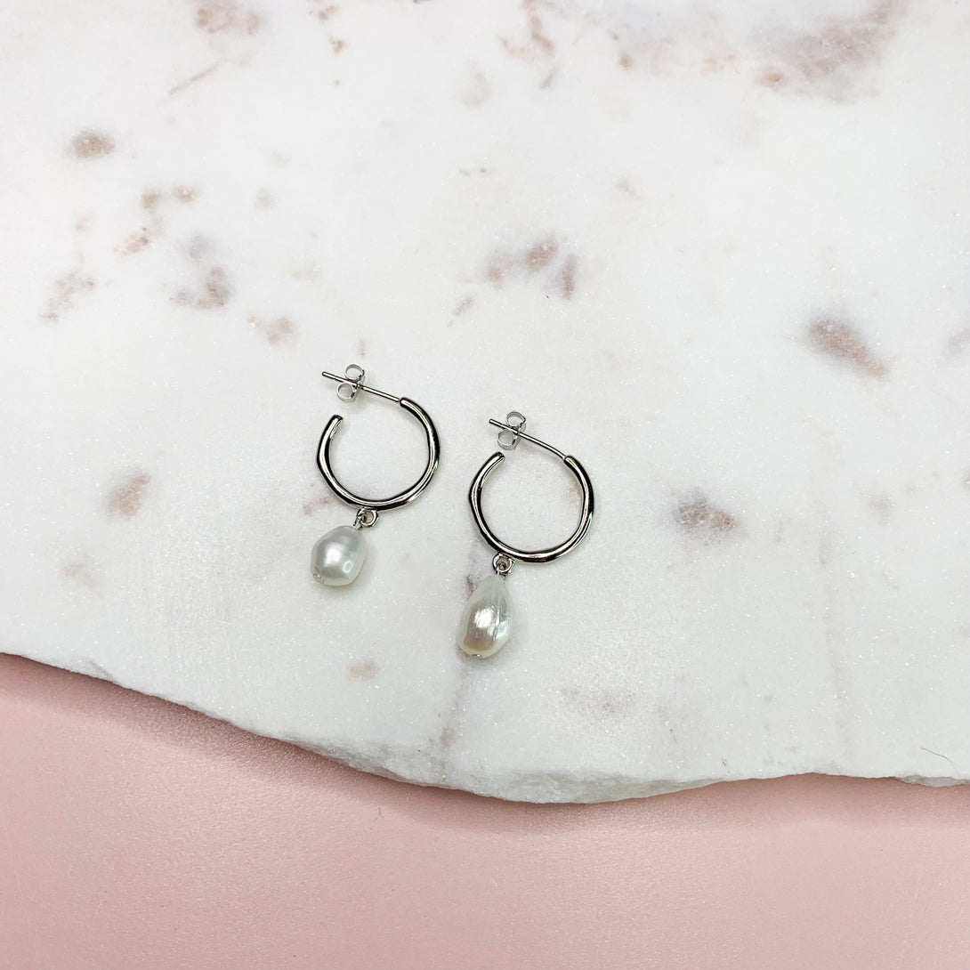 Pearl Dangle Silver Semi Hoop Earrings