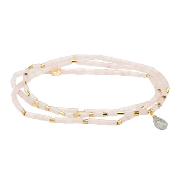 Rose Quartz, Labradorite & Gold Teardrop Wrap Bracelet