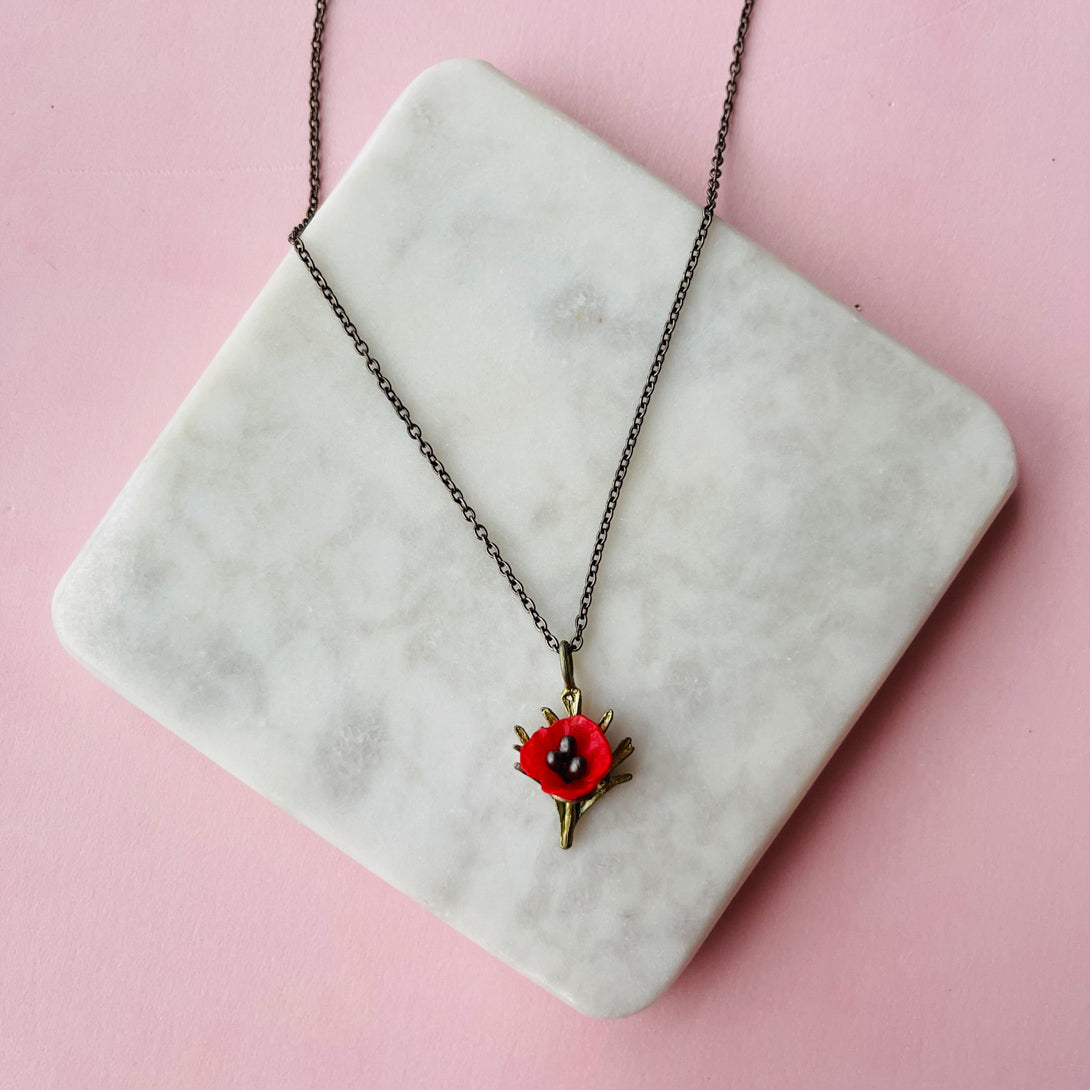 Red Poppy Pendant Necklace - Silver Seasons