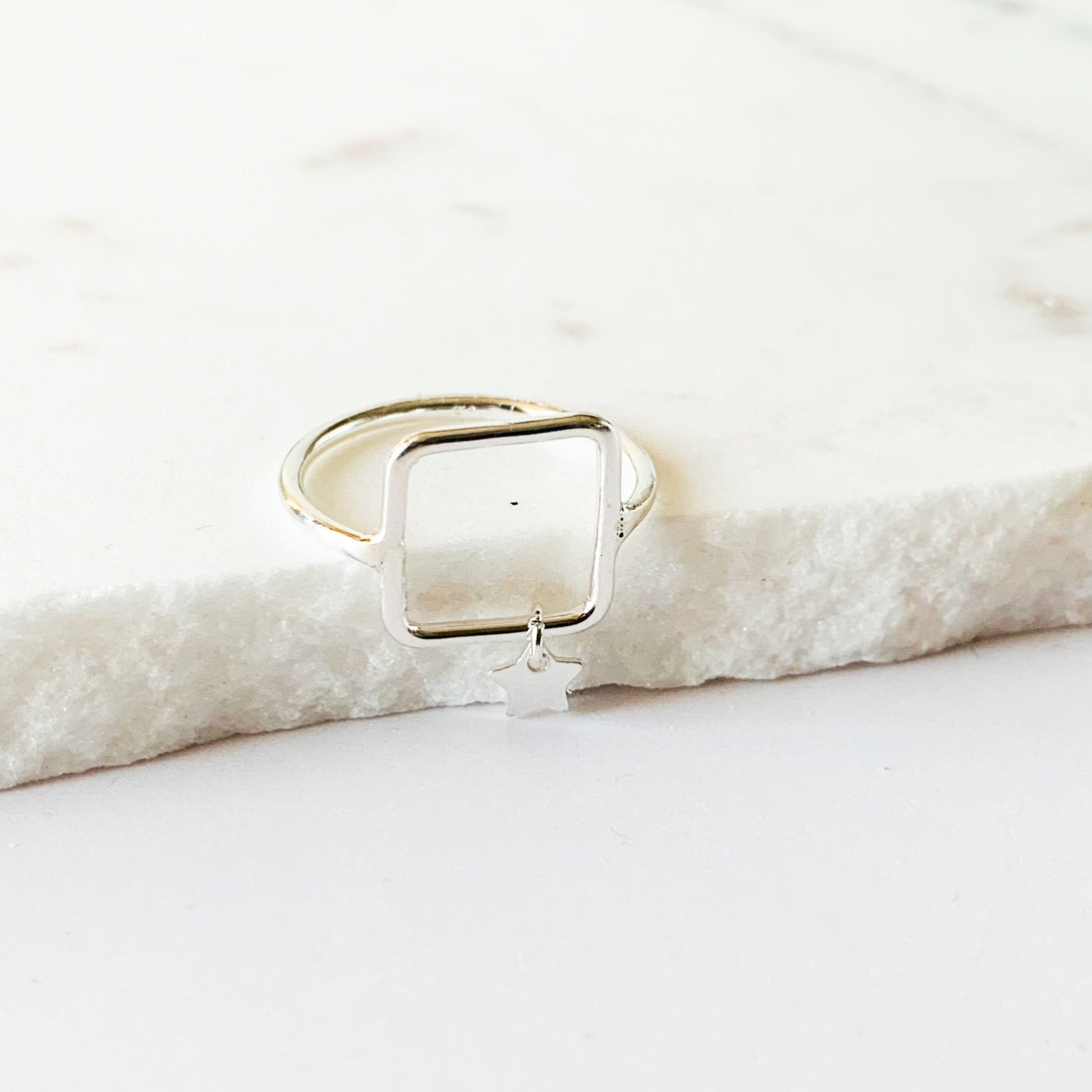Square with Star Charm Silver Ring