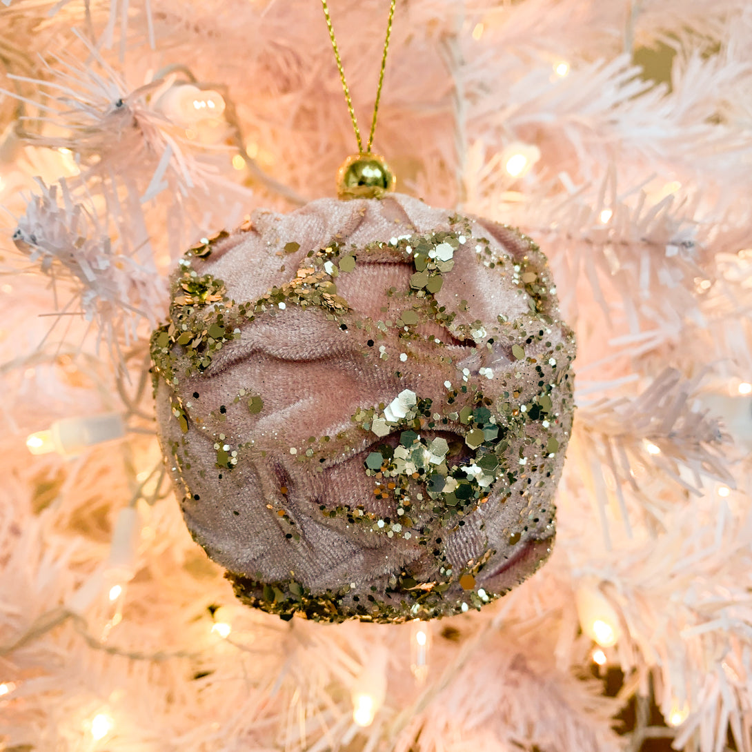 Velvet Pink Gold Glitter Ball Ornament