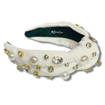 White Twill with Pearls & Crystals Headband