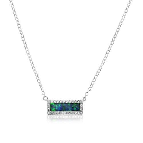 Rectangular Halo Blue Opal Necklace - Silver